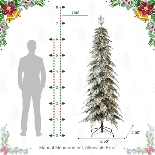 7.5ft. Pre-Lit Flocked Pencil Spruce Artificial Christmas Tree, Warm White LED Lights
